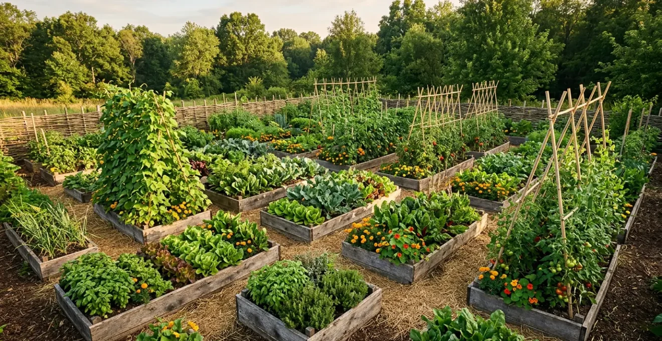 Vue aérienne d'un petit potager bio-intensif de 50 mètres carrés avec des légumes variés densément plantés en rangs serrés et cultures verticales