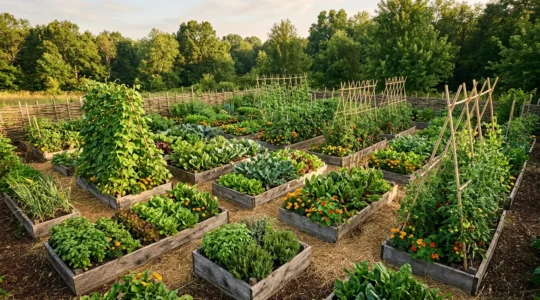 Vue aérienne d'un petit potager bio-intensif de 50 mètres carrés avec des légumes variés densément plantés en rangs serrés et cultures verticales