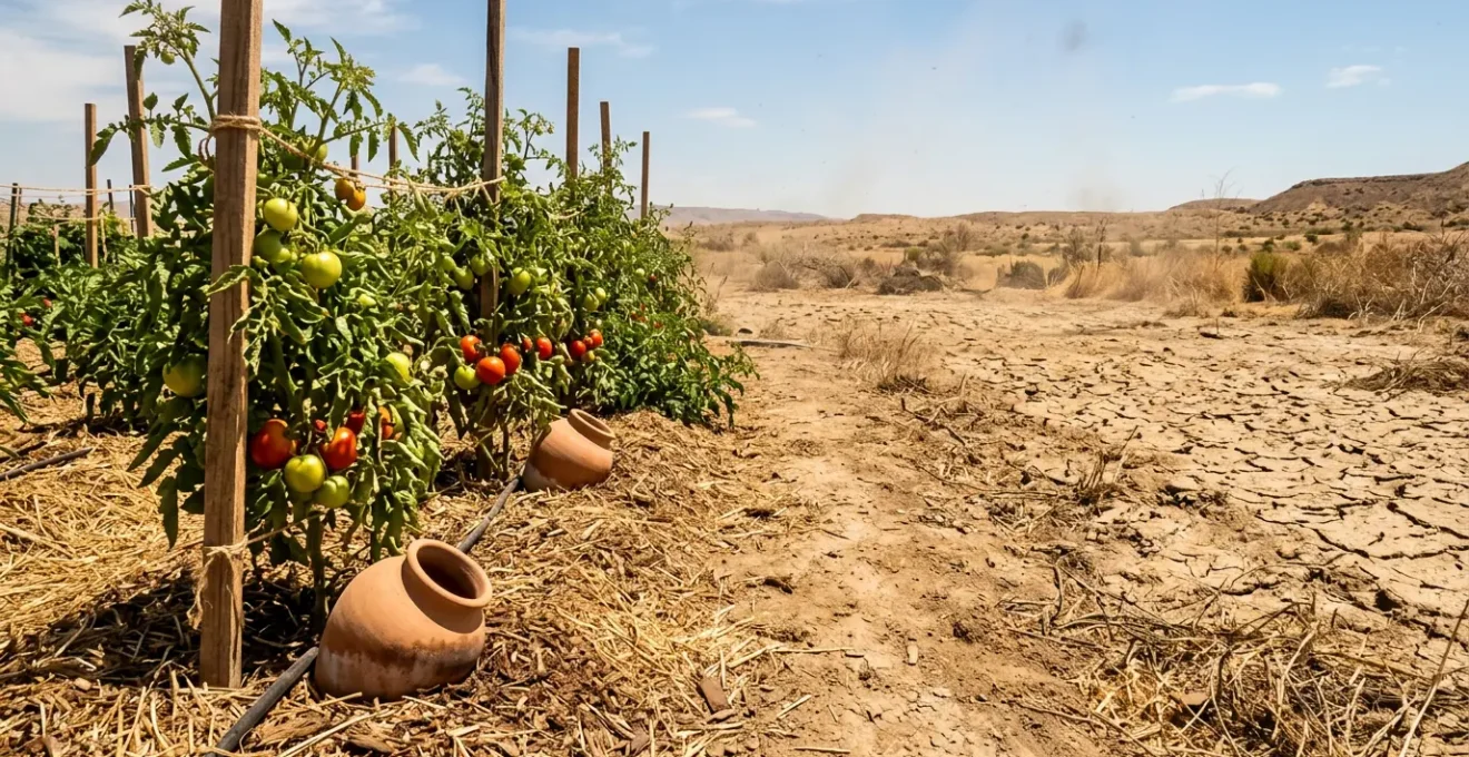 Vue d'un potager avec plants de tomates robustes sous un soleil intense, paillage épais et système d'irrigation au goutte-à-goutte