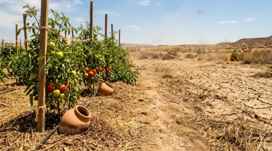Vue d'un potager avec plants de tomates robustes sous un soleil intense, paillage épais et système d'irrigation au goutte-à-goutte
