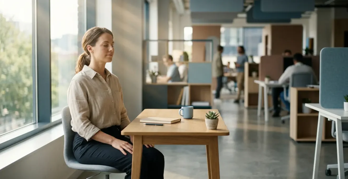 Personne pratiquant la méditation au bureau dans un environnement apaisant