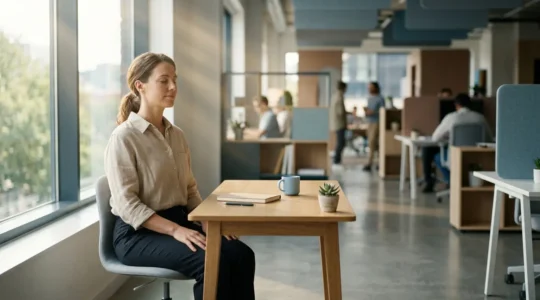 Personne pratiquant la méditation au bureau dans un environnement apaisant