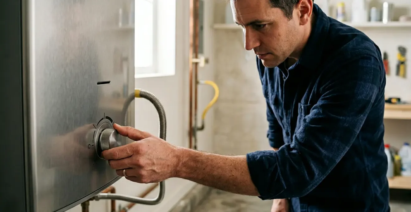 Personne réglant le thermostat d'un ballon d'eau chaude moderne dans un espace technique domestique
