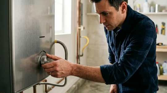 Personne réglant le thermostat d'un ballon d'eau chaude moderne dans un espace technique domestique