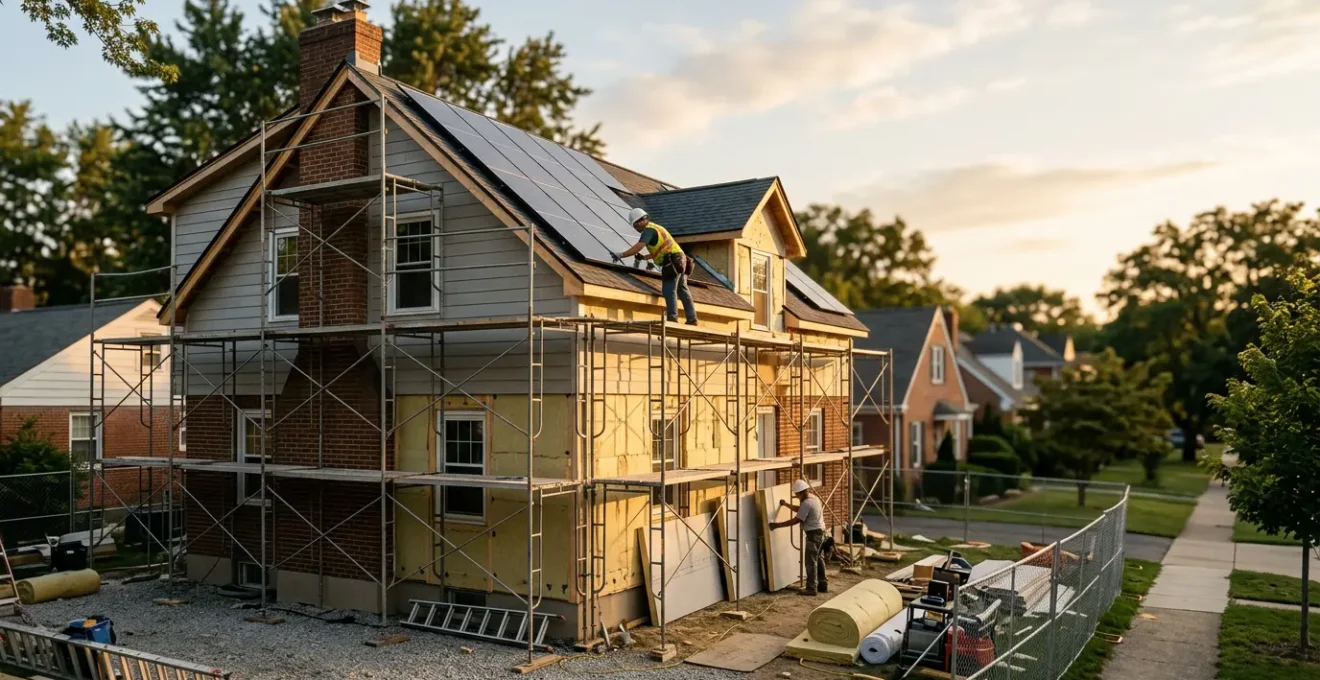 Vue d'ensemble d'une maison en rénovation énergétique avec échafaudages et artisans au travail