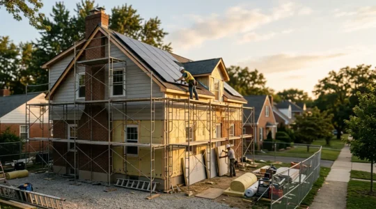 Vue d'ensemble d'une maison en rénovation énergétique avec échafaudages et artisans au travail