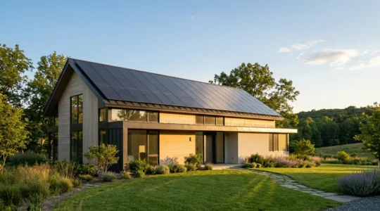 Installation photovoltaïque sur toiture de maison moderne avec ciel ensoleillé
