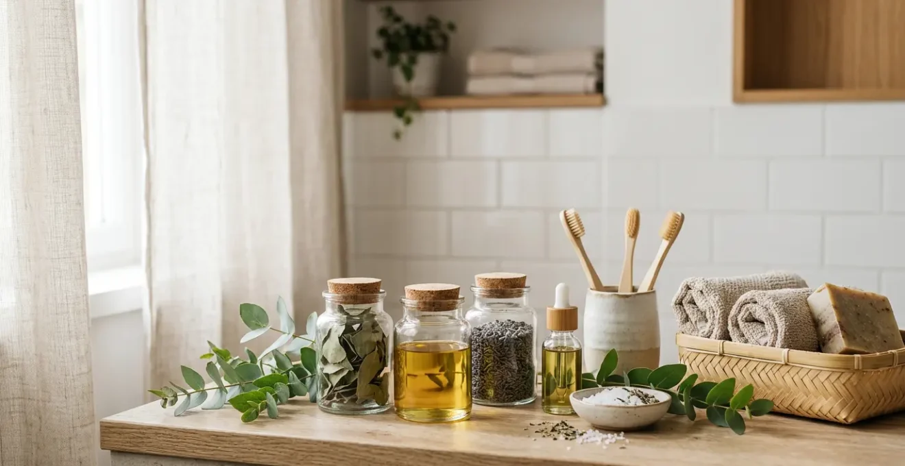 Salle de bain épurée avec produits cosmétiques naturels en verre et plantes vertes