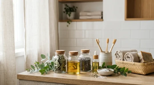 Salle de bain épurée avec produits cosmétiques naturels en verre et plantes vertes