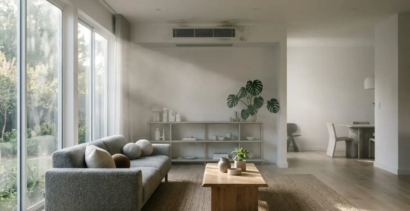 Intérieur moderne de maison avec focus sur la qualité de l'air et les sources potentielles de pollution