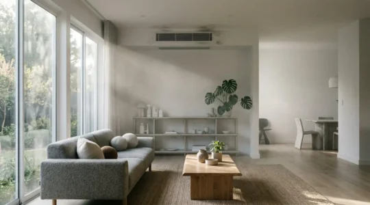 Intérieur moderne de maison avec focus sur la qualité de l'air et les sources potentielles de pollution