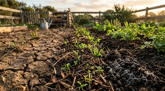 Sol argileux en cours de régénération avec matière organique et vie microbienne visible