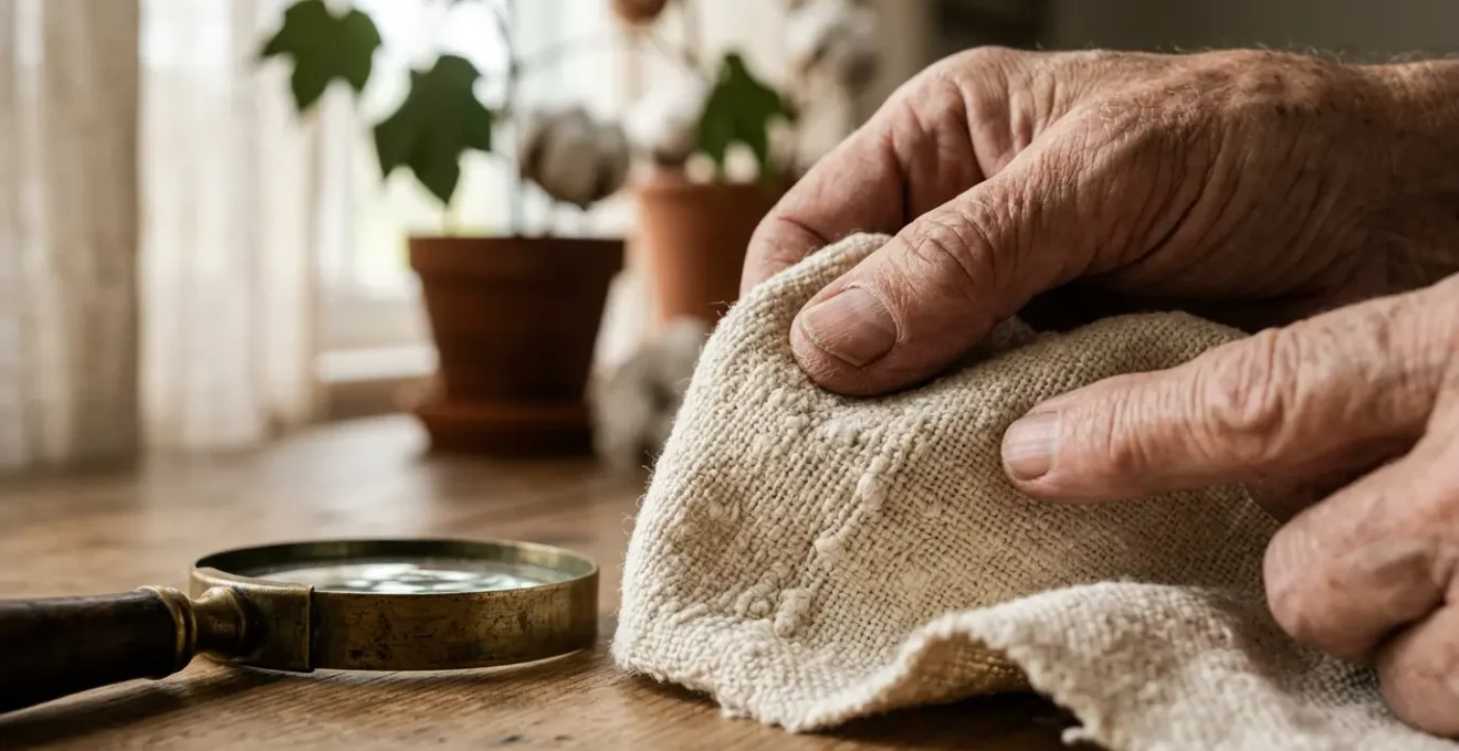 Gros plan sur des mains examinant la texture d'un tissu de coton bio entre les doigts avec une loupe, révélant la structure naturelle des fibres