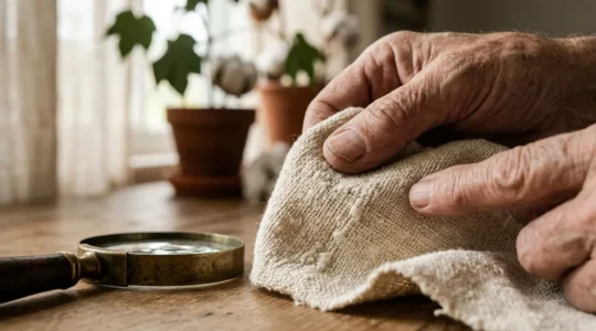 Gros plan sur des mains examinant la texture d'un tissu de coton bio entre les doigts avec une loupe, révélant la structure naturelle des fibres