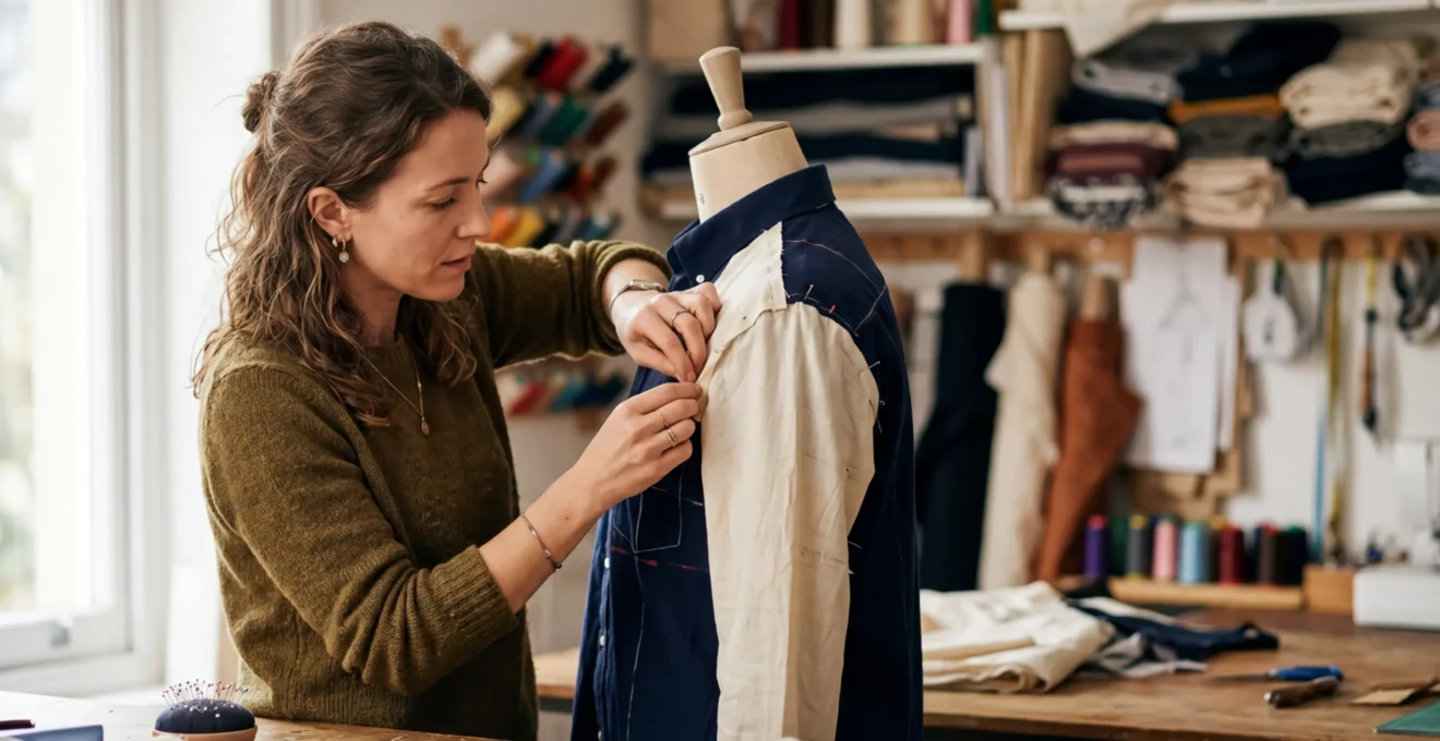 Femme transformant une chemise d'homme en blouse féminine avec des ciseaux et des épingles