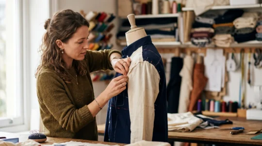 Femme transformant une chemise d'homme en blouse féminine avec des ciseaux et des épingles