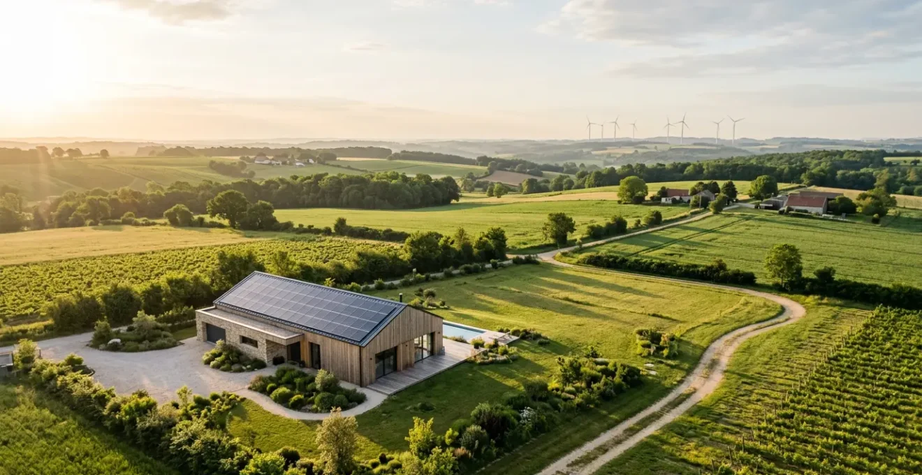 Vue aérienne d'une maison avec panneaux solaires intégrés au toit, entourée d'éoliennes au loin dans la campagne française