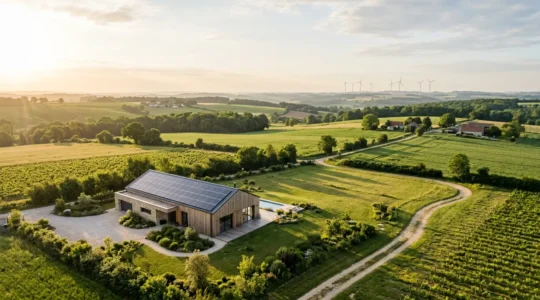 Vue aérienne d'une maison avec panneaux solaires intégrés au toit, entourée d'éoliennes au loin dans la campagne française