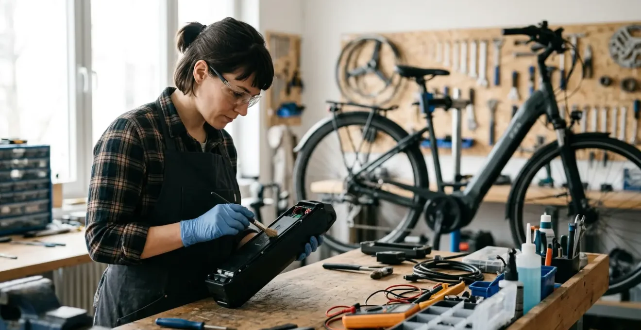 Homme en atelier d'entretien avec batterie de VAE et outils spécialisés dans un environnement lumineux