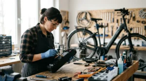 Homme en atelier d'entretien avec batterie de VAE et outils spécialisés dans un environnement lumineux
