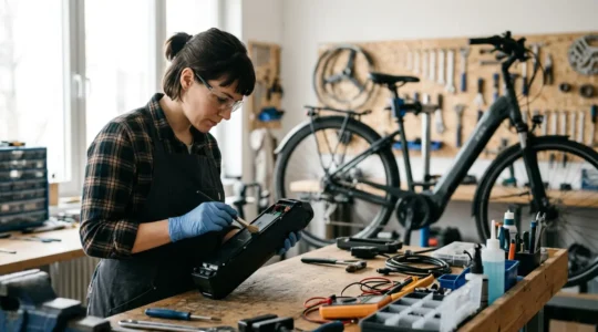 Homme en atelier d'entretien avec batterie de VAE et outils spécialisés dans un environnement lumineux