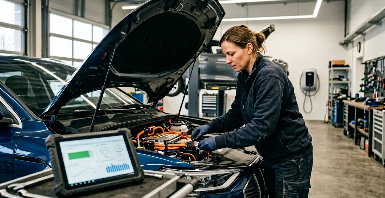 Mécanicien inspectant une voiture électrique d'occasion avec un diagnostic de batterie en cours
