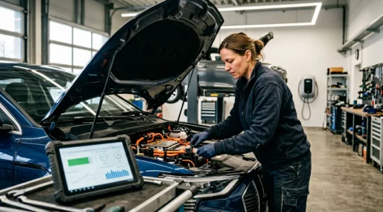 Mécanicien inspectant une voiture électrique d'occasion avec un diagnostic de batterie en cours