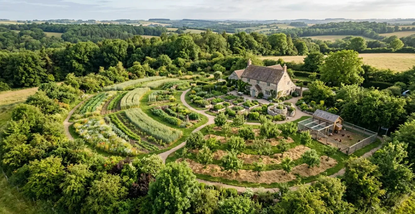 Vue aérienne d'un jardin permacole montrant les 5 zones concentriques depuis la maison jusqu'à la forêt sauvage