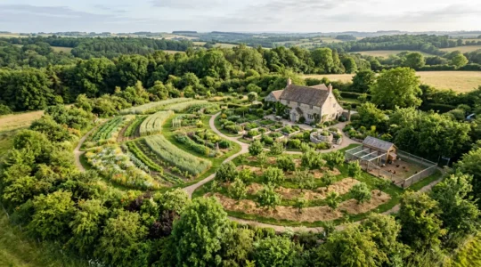 Vue aérienne d'un jardin permacole montrant les 5 zones concentriques depuis la maison jusqu'à la forêt sauvage