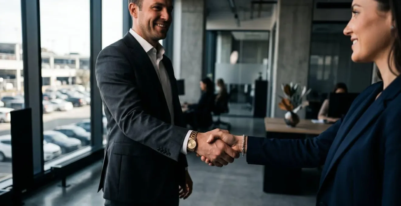 Poignée de main professionnelle entre collègues pour accord de covoiturage