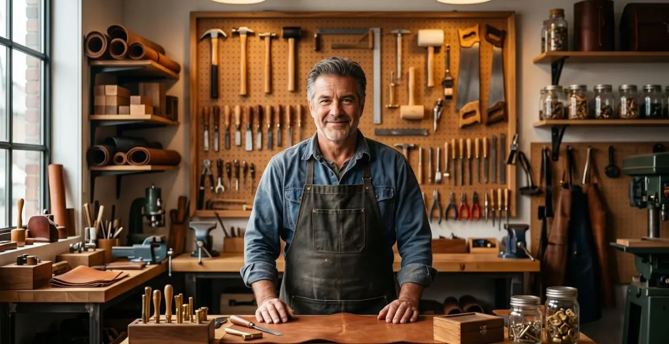 Artisan fier et compétent dans son atelier professionnel bien équipé, symbole de dignité économique.