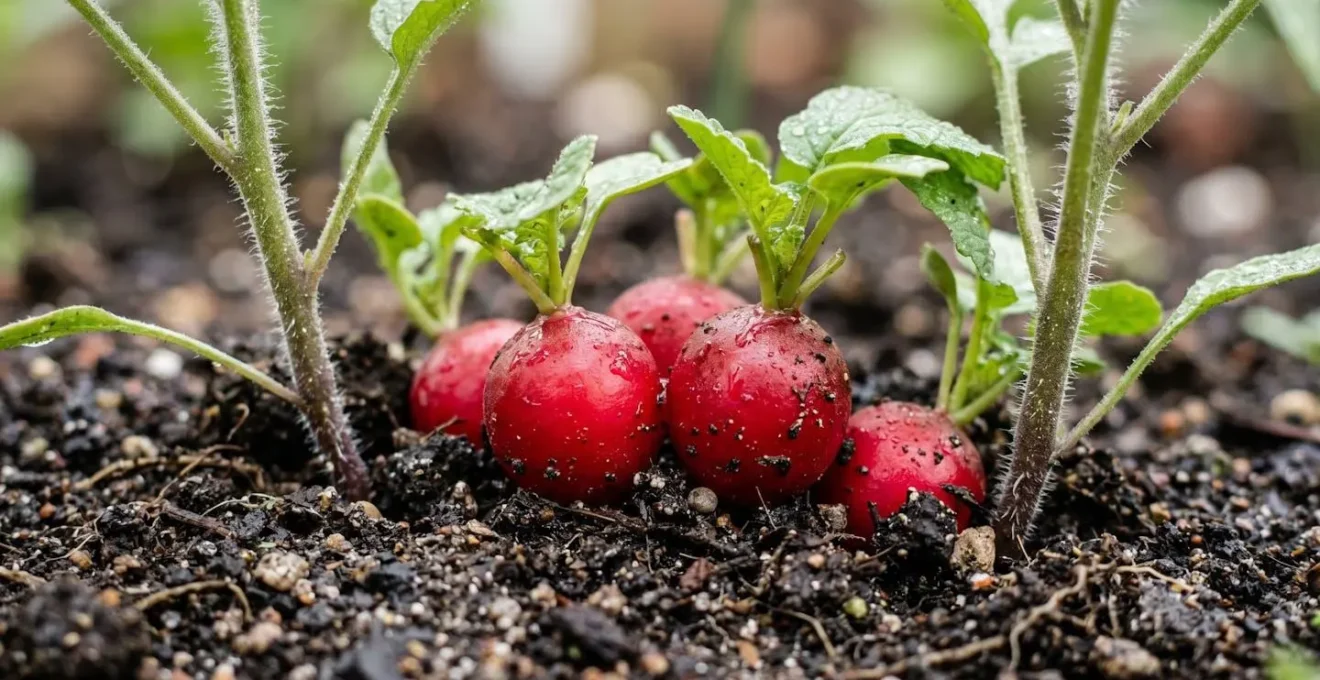 Gros plan sur des radis poussant entre de jeunes plants de tomates dans un potager