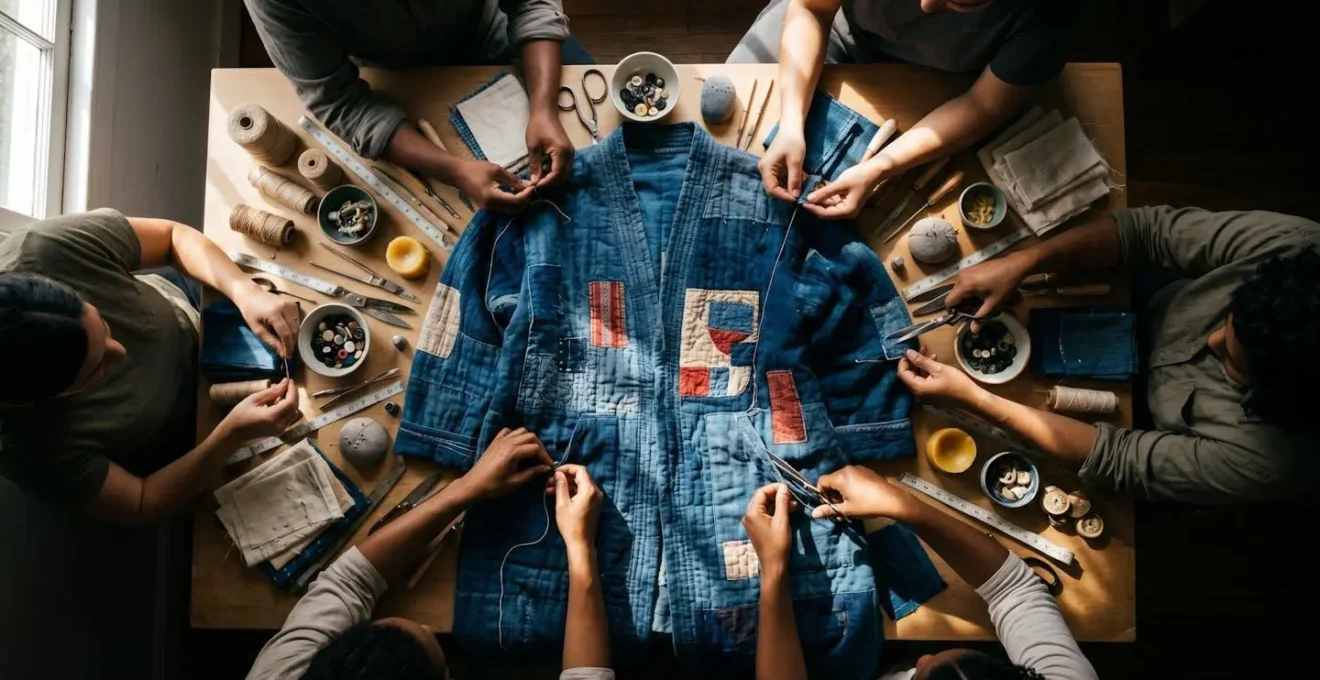 Groupe de personnes échangeant et transformant des vêtements lors d'un atelier collectif