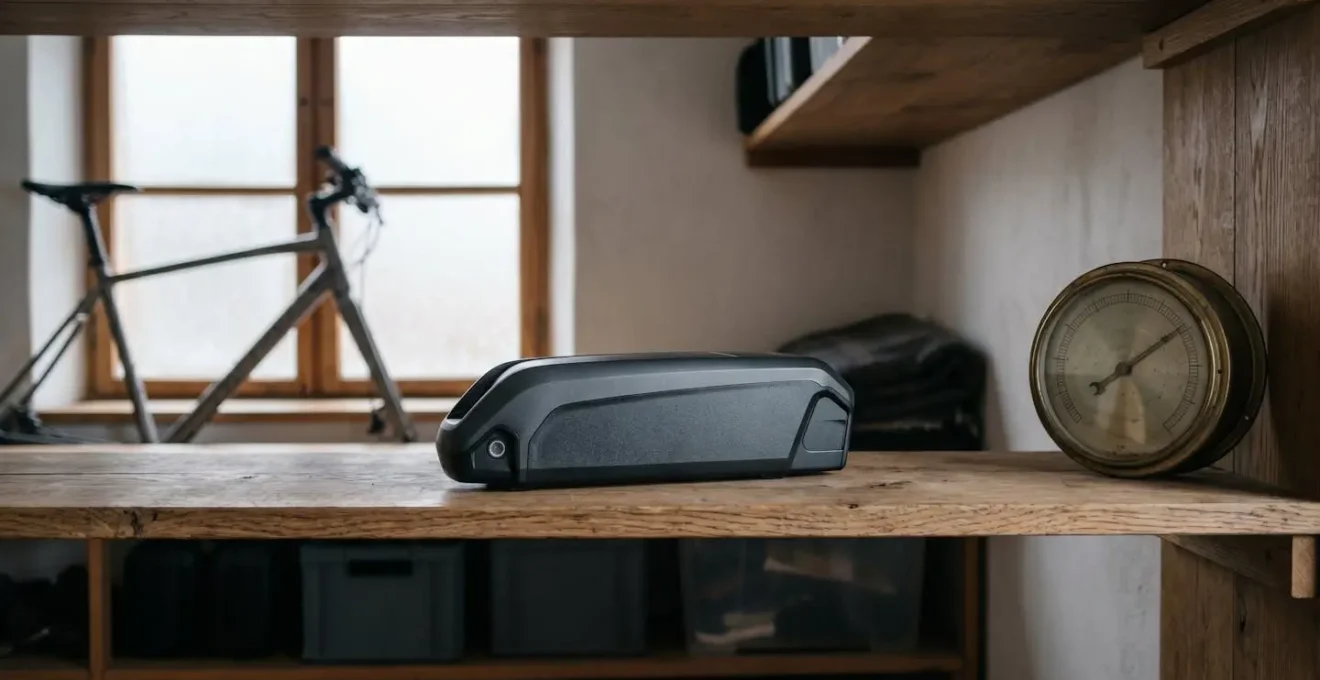 Batterie de VAE dans un environnement de stockage hivernal optimal avec thermomètre indiquant une température idéale