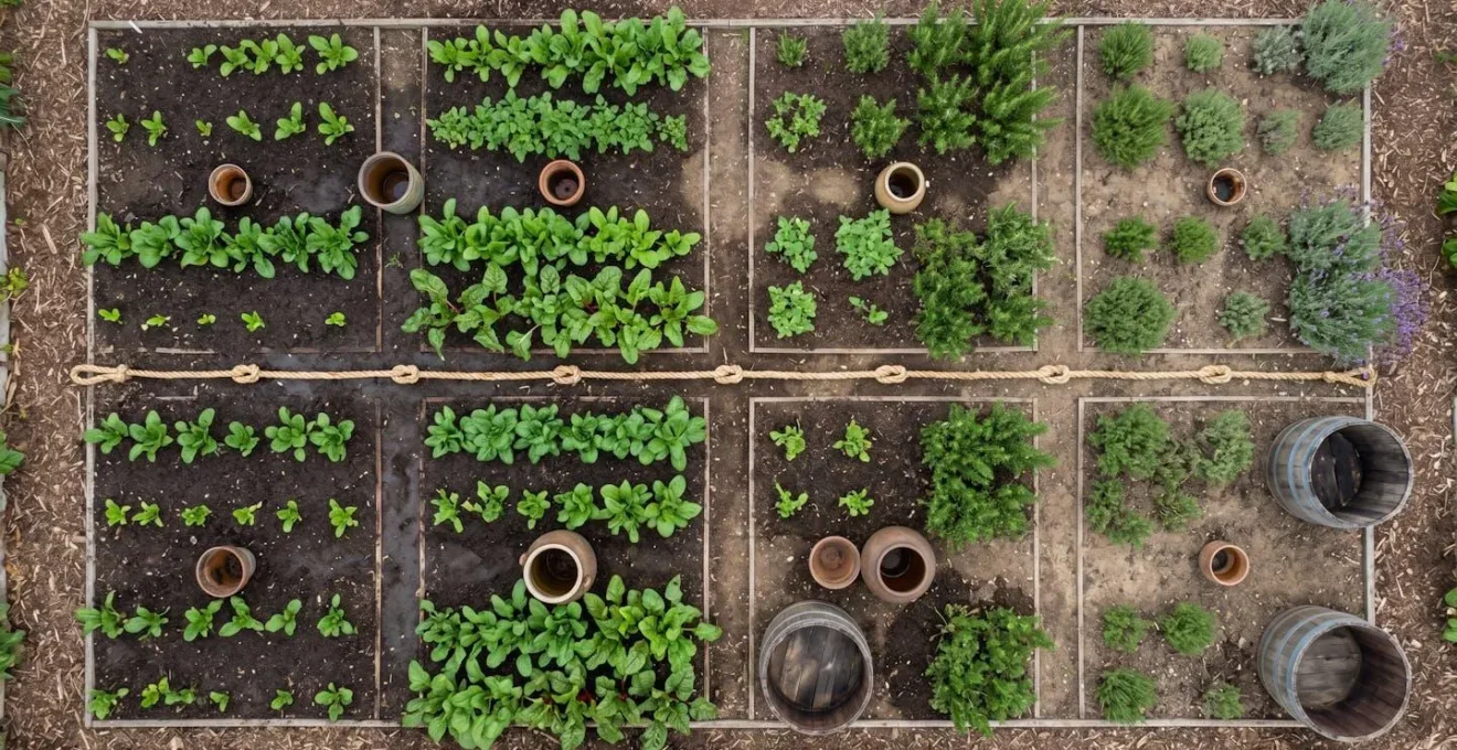 Schéma visuel du calcul des besoins en eau pour un potager avec différentes tailles de cuves