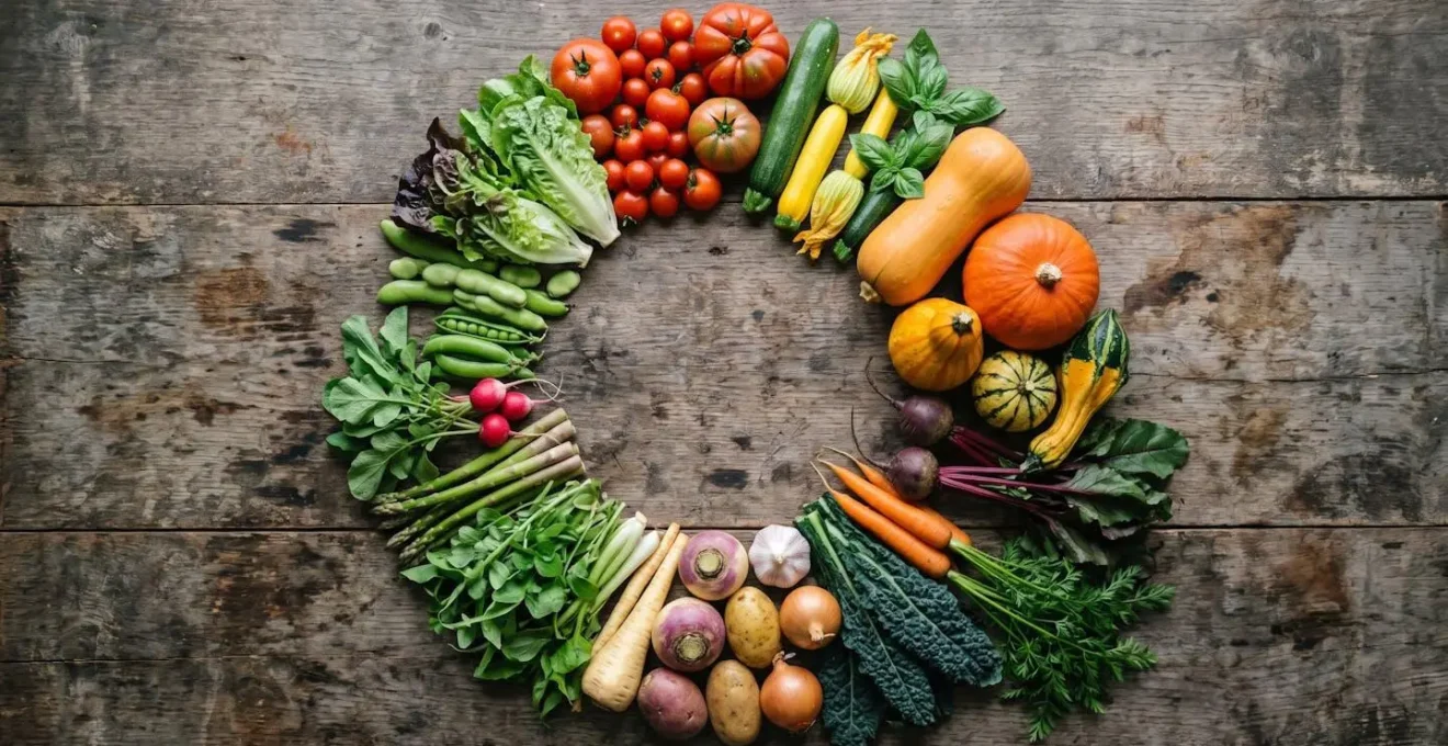 Calendrier visuel des légumes de saison arrangés en cercle pour indiquer les périodes de meilleurs prix.