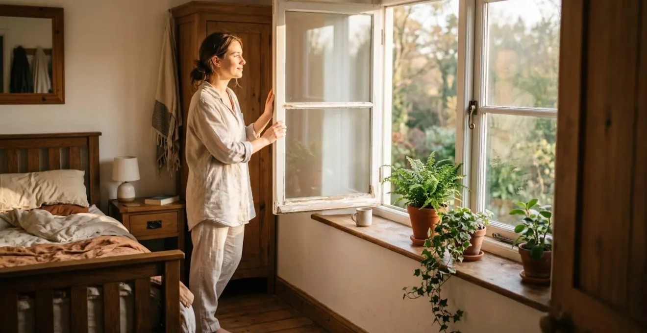 Chambre lumineuse avec mobilier en bois massif et plantes dépolluantes