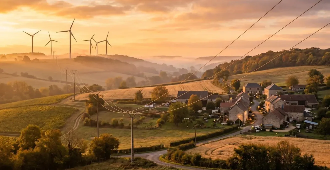 Schéma visuel montrant la connexion directe entre un parc éolien local et des habitations via des lignes électriques