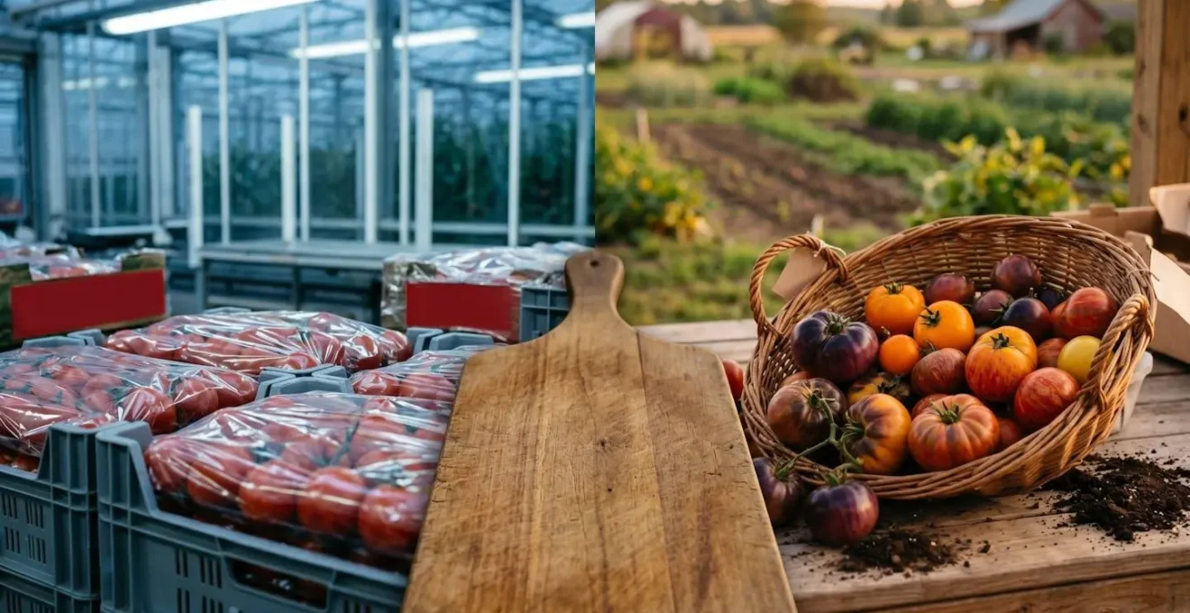 Comparaison visuelle entre tomates bio industrielles et tomates bio locales de saison