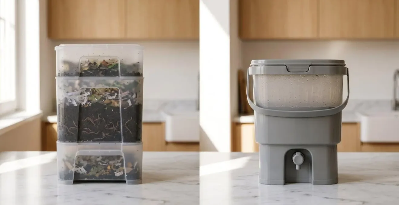 Comparaison visuelle entre un lombricomposteur et un système Bokashi dans une cuisine moderne
