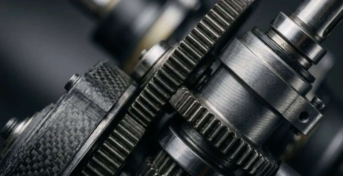 Vue macro détaillée montrant la texture et les composants d'un système de motorisation de vélo électrique