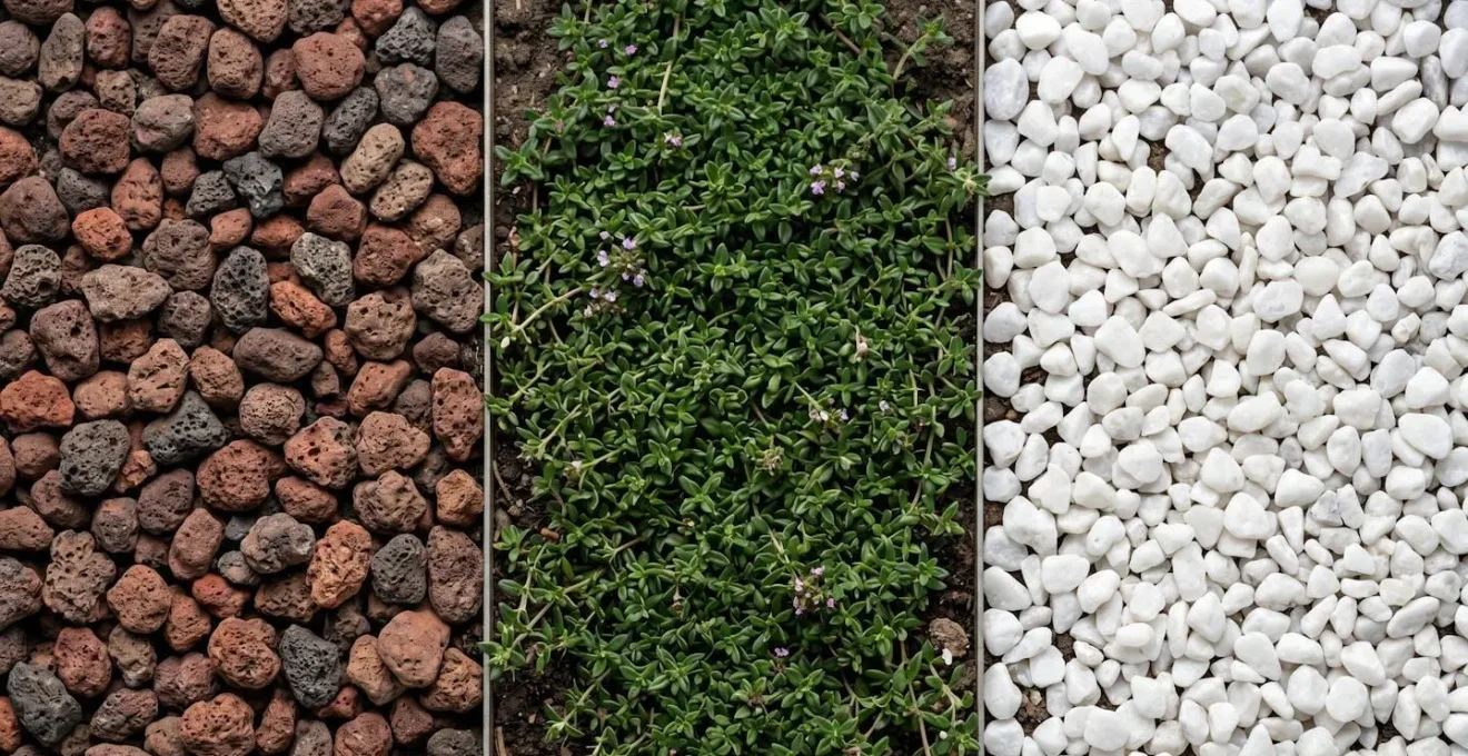 Comparaison visuelle entre différents types de paillage pour jardin méditerranéen sec