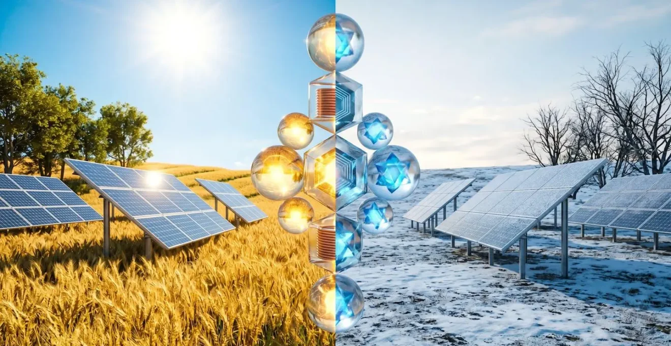 Composition symbolique montrant le contraste entre les saisons avec des panneaux solaires et différentes solutions de stockage