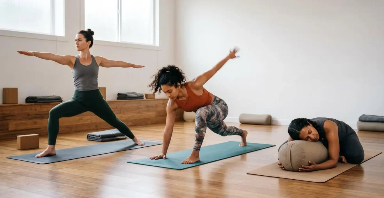 Trois personnes pratiquant différents styles de yoga côte à côte dans un studio lumineux