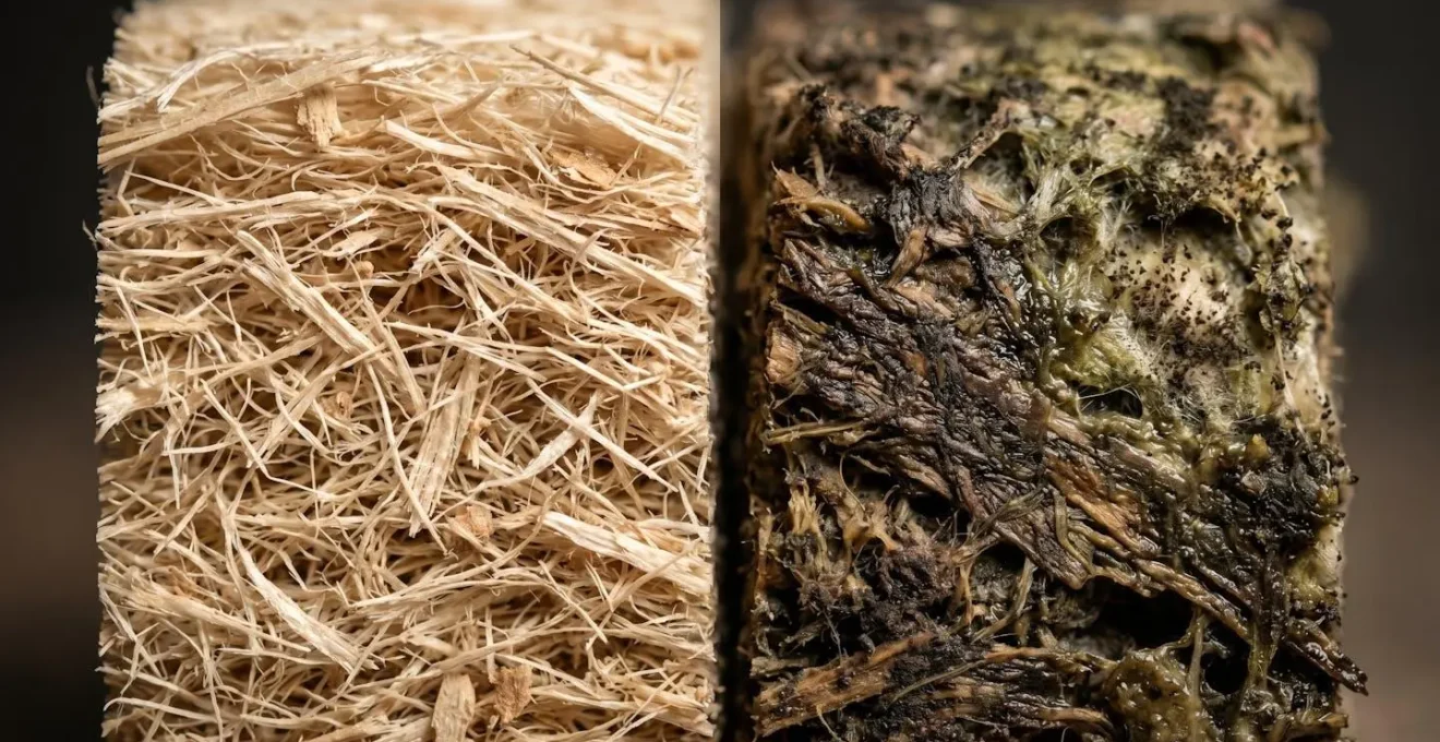 Comparaison visuelle d'un isolant naturel sec et dégradé par l'humidité dans une paroi ouverte