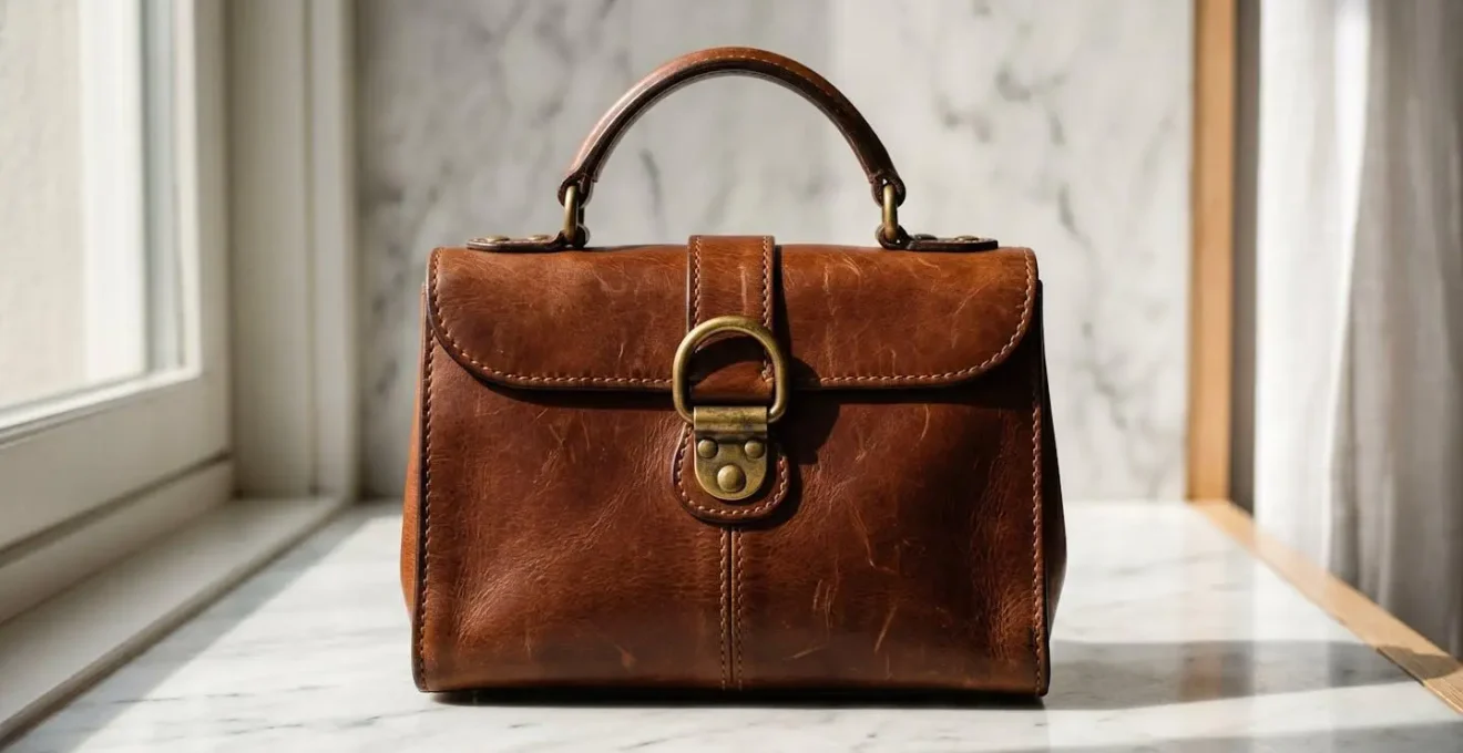 Vue arrière d'un sac vintage en cuir montrant les détails de couture et ferronnerie