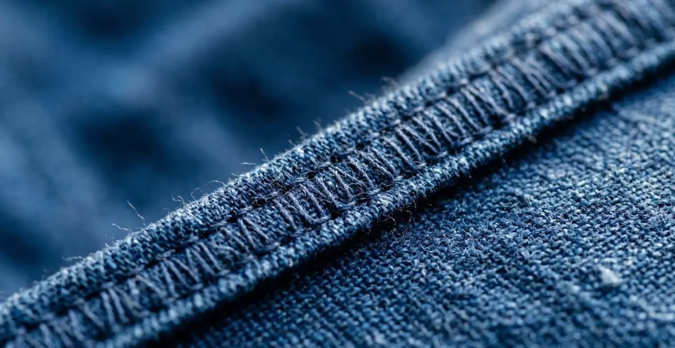 Gros plan macro sur une couture anglaise parfaitement réalisée sur un tissu de qualité