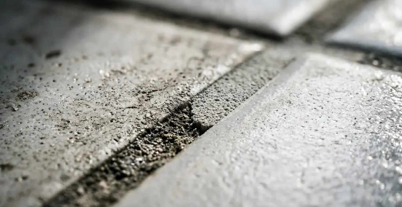 Vue macro de surfaces de salle de bain montrant l'efficacité du nettoyage naturel sur les joints de carrelage