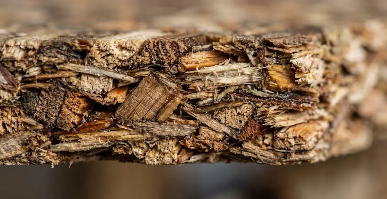 Vue macro de la structure d'un panneau d'aggloméré montrant les particules de bois et la colle