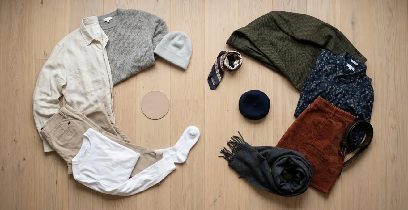 Vue aérienne d'une garde-robe organisée montrant l'équilibre entre pièces basiques et pièces tendance